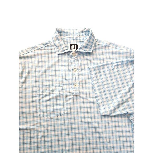 FootJoy FJ men's Large Pocket Polo plaid blue white performance 3 button poly - Picture 1 of 7